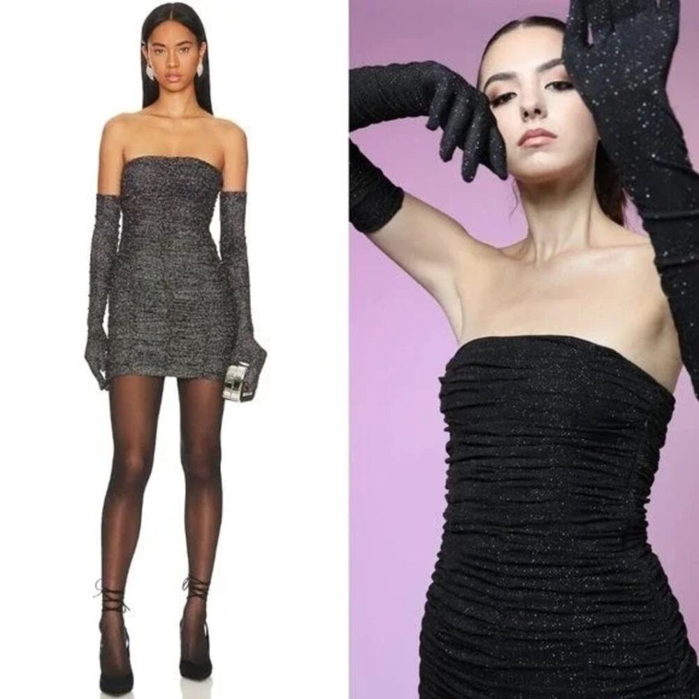SAU LEE Revolve Black Strapless Faye Metallic Ruched Mini Dress W/ Gloves 4